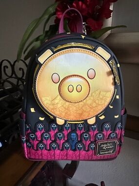Loungefly Squid Game Piggy Bank  Backpack - Black & Pink